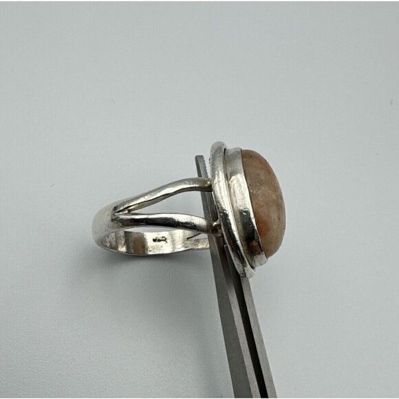 Vintage Sterling Silver Natural Stone Pale Pink Peach Cabochon Ring Size 6 - Picture 6 of 10